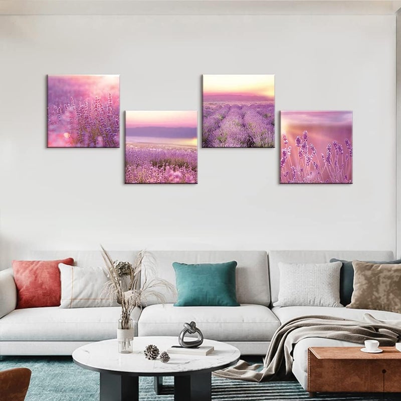 Sungeek 4-Piece Canvas Pictures with Wooden Frame, Canvas Print Pictures 30 x 30 cm, Modern Wall Pictures, Art Print, Wall Decoration for Living Room, Bedroom, Home, Office, Dining Room (Lavender) - Image 4
