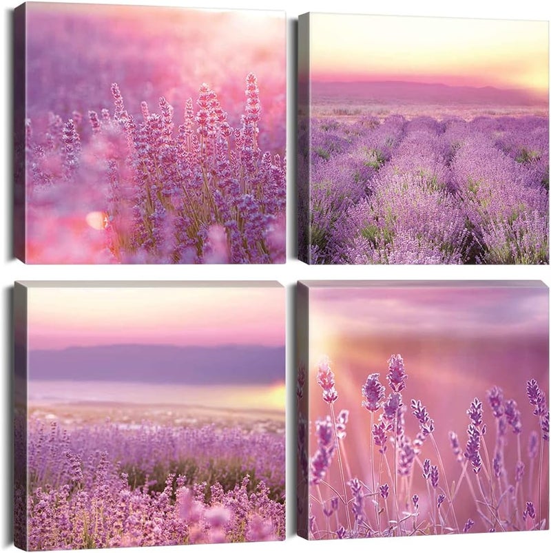 Sungeek 4-Piece Canvas Pictures with Wooden Frame, Canvas Print Pictures 30 x 30 cm, Modern Wall Pictures, Art Print, Wall Decoration for Living Room, Bedroom, Home, Office, Dining Room (Lavender) - Image 1