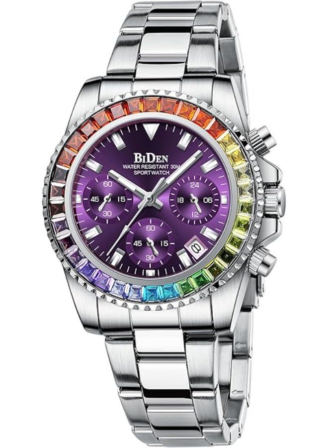 BIDEN Women Colorful Diamond Watches Chronograph Rotatable Bezel Mineral Glass Luminous Watch Stainless Steel Waterproof Date Analog Quartz Watch Fashion Business Dress Wristwatch - Image 1