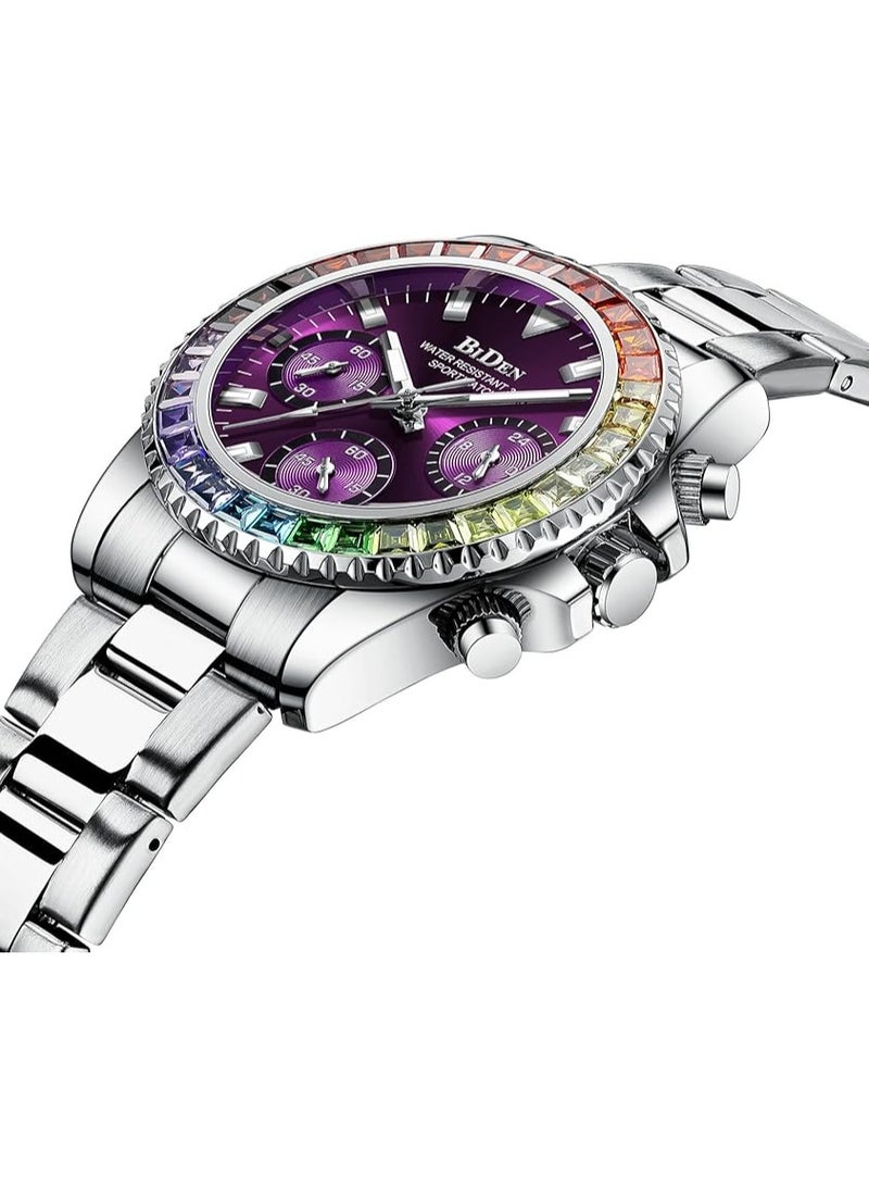BIDEN Women Colorful Diamond Watches Chronograph Rotatable Bezel Mineral Glass Luminous Watch Stainless Steel Waterproof Date Analog Quartz Watch Fashion Business Dress Wristwatch - Image 2