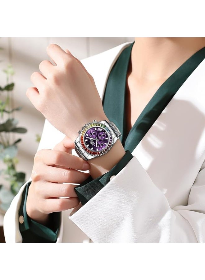 BIDEN Women Colorful Diamond Watches Chronograph Rotatable Bezel Mineral Glass Luminous Watch Stainless Steel Waterproof Date Analog Quartz Watch Fashion Business Dress Wristwatch - Image 3