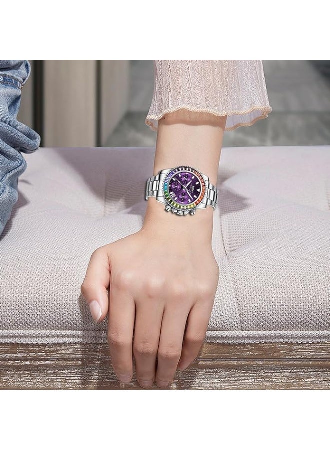 BIDEN Women Colorful Diamond Watches Chronograph Rotatable Bezel Mineral Glass Luminous Watch Stainless Steel Waterproof Date Analog Quartz Watch Fashion Business Dress Wristwatch - Image 4