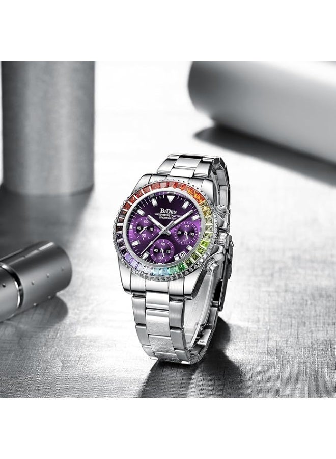 BIDEN Women Colorful Diamond Watches Chronograph Rotatable Bezel Mineral Glass Luminous Watch Stainless Steel Waterproof Date Analog Quartz Watch Fashion Business Dress Wristwatch - Image 5