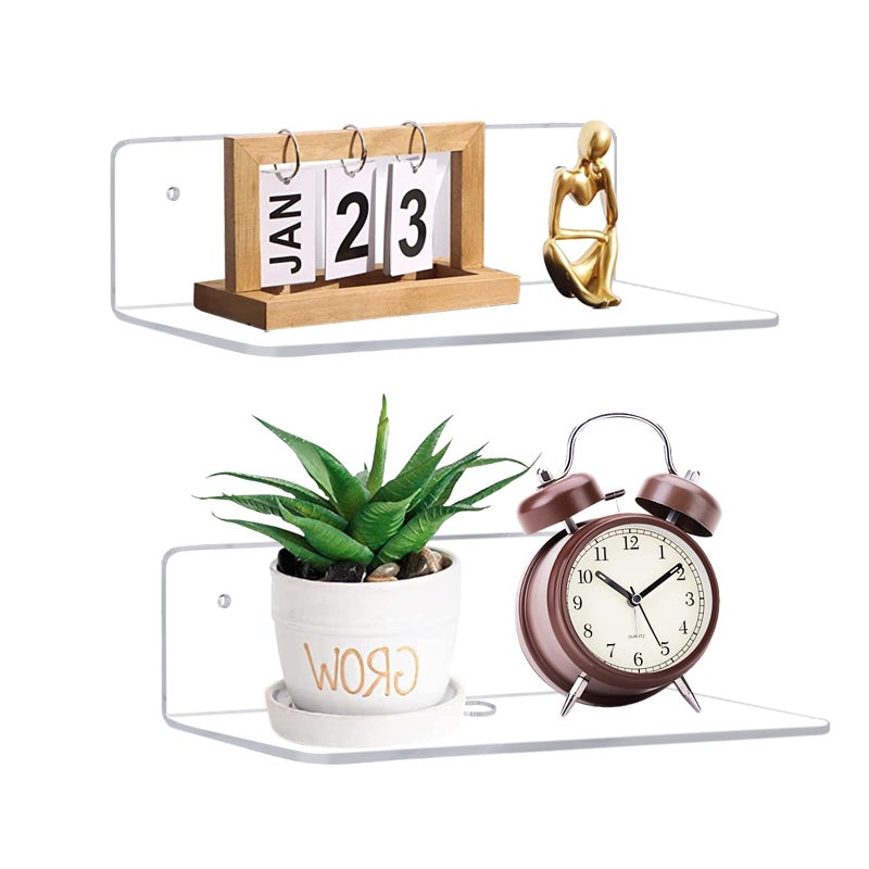 luium 9 Inch Acrylic Floating Shelf, No Drill Adhesive Wall Shelf Set of 2 for Storage, Floating Shelves Damage-Free Expand Wall Space for Living Room, Office, Gaming Room, Bathroom - Image 1