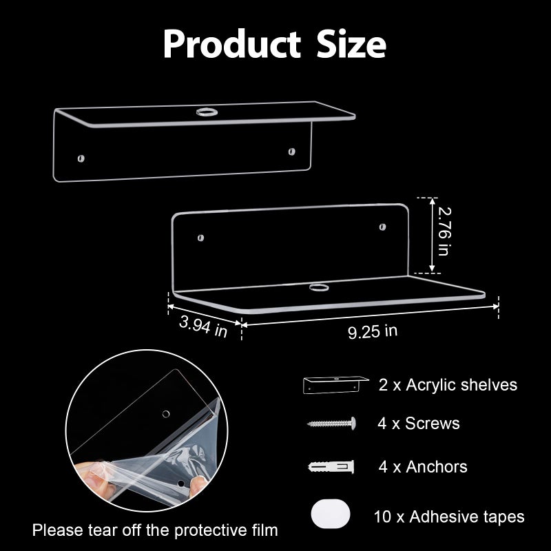 luium 9 Inch Acrylic Floating Shelf, No Drill Adhesive Wall Shelf Set of 2 for Storage, Floating Shelves Damage-Free Expand Wall Space for Living Room, Office, Gaming Room, Bathroom - Image 2
