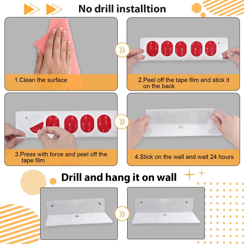 luium 9 Inch Acrylic Floating Shelf, No Drill Adhesive Wall Shelf Set of 2 for Storage, Floating Shelves Damage-Free Expand Wall Space for Living Room, Office, Gaming Room, Bathroom - Image 5