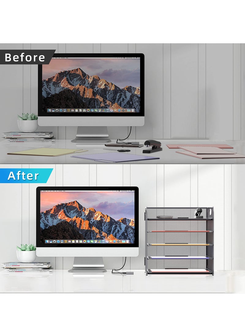 KYD - 5 Trays Paper Organizer Letter Tray with Handle-Mesh Desk File Organizer, Paper Sorter Desk Organizer for Office, Home or School - Image 1