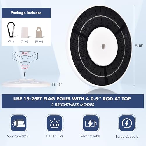 PPQ Solar Flagpole LED Light,New 160 LED Ultra Bright Flag Pole Light for 15-25 Ft Poles,Solar Powered Waterproof Lighting on Outdoor Pole Top,10-15 Hour Dusk to Dawn Auto On/Off - Image 5