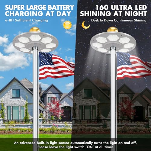 PPQ Solar Flagpole LED Light,New 160 LED Ultra Bright Flag Pole Light for 15-25 Ft Poles,Solar Powered Waterproof Lighting on Outdoor Pole Top,10-15 Hour Dusk to Dawn Auto On/Off - Image 4