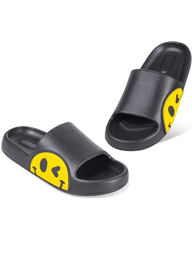 Men's And Women's Slippers, Pillow Slippers Sandals, Neutral Non-Slip Quick-Drying Shower Shoes For Indoor And Outdoor Open-Toed SPA Bath Fitness House Leisure Massage Smiley Slippers Black Size 38-39  - Image 1