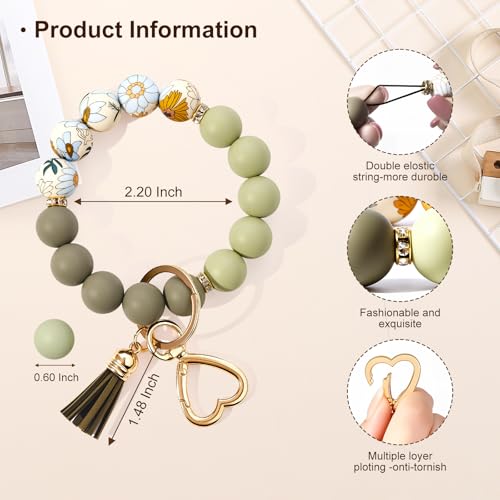 Weixiltc Silicone Bead Keychain Wristlet for Women, Charm Bracelet Key Chains, Car Key Rings Holder for Girls (Flower Gray Green) - Image 2