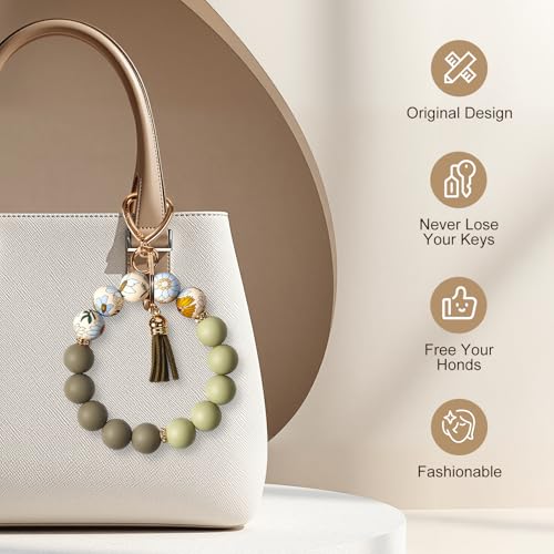 Weixiltc Silicone Bead Keychain Wristlet for Women, Charm Bracelet Key Chains, Car Key Rings Holder for Girls (Flower Gray Green) - Image 3