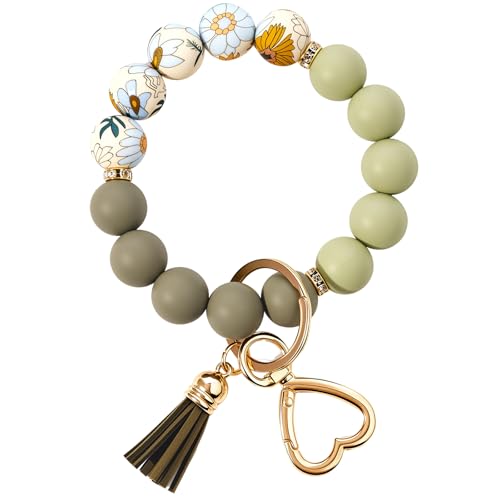 Weixiltc Silicone Bead Keychain Wristlet for Women, Charm Bracelet Key Chains, Car Key Rings Holder for Girls (Flower Gray Green) - Image 1