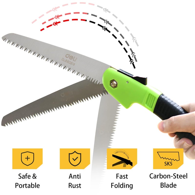 Deli DL580618 9" Folding Saw with 65Mn Steel Blade ABS Handle 3-Sided Grinding Teeth Secure Lock Handsaw for Pruning Gardening Camping Wood Cutting Tree Branch (Pack of 1,Green & Black) - Image 2
