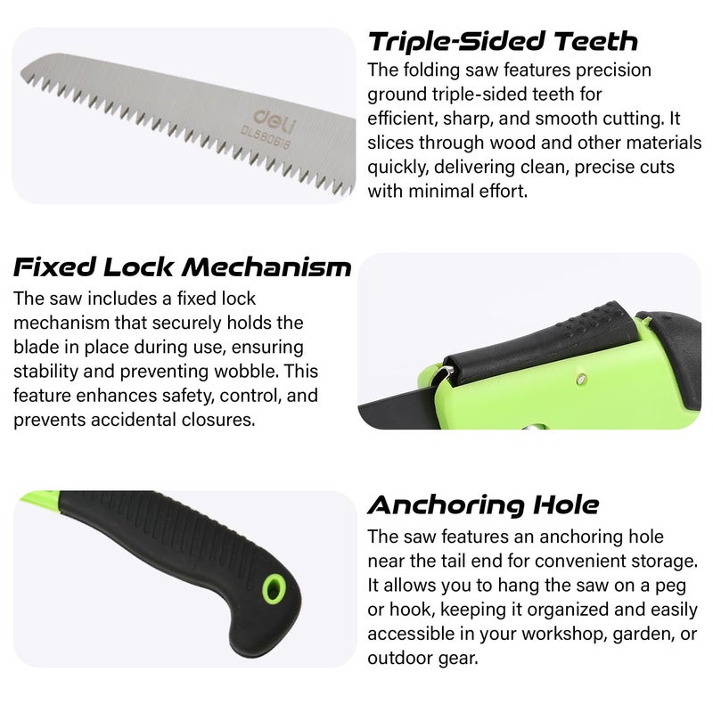 Deli DL580618 9" Folding Saw with 65Mn Steel Blade ABS Handle 3-Sided Grinding Teeth Secure Lock Handsaw for Pruning Gardening Camping Wood Cutting Tree Branch (Pack of 1,Green & Black) - Image 4