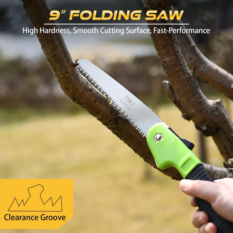 Deli DL580618 9" Folding Saw with 65Mn Steel Blade ABS Handle 3-Sided Grinding Teeth Secure Lock Handsaw for Pruning Gardening Camping Wood Cutting Tree Branch (Pack of 1,Green & Black) - Image 5