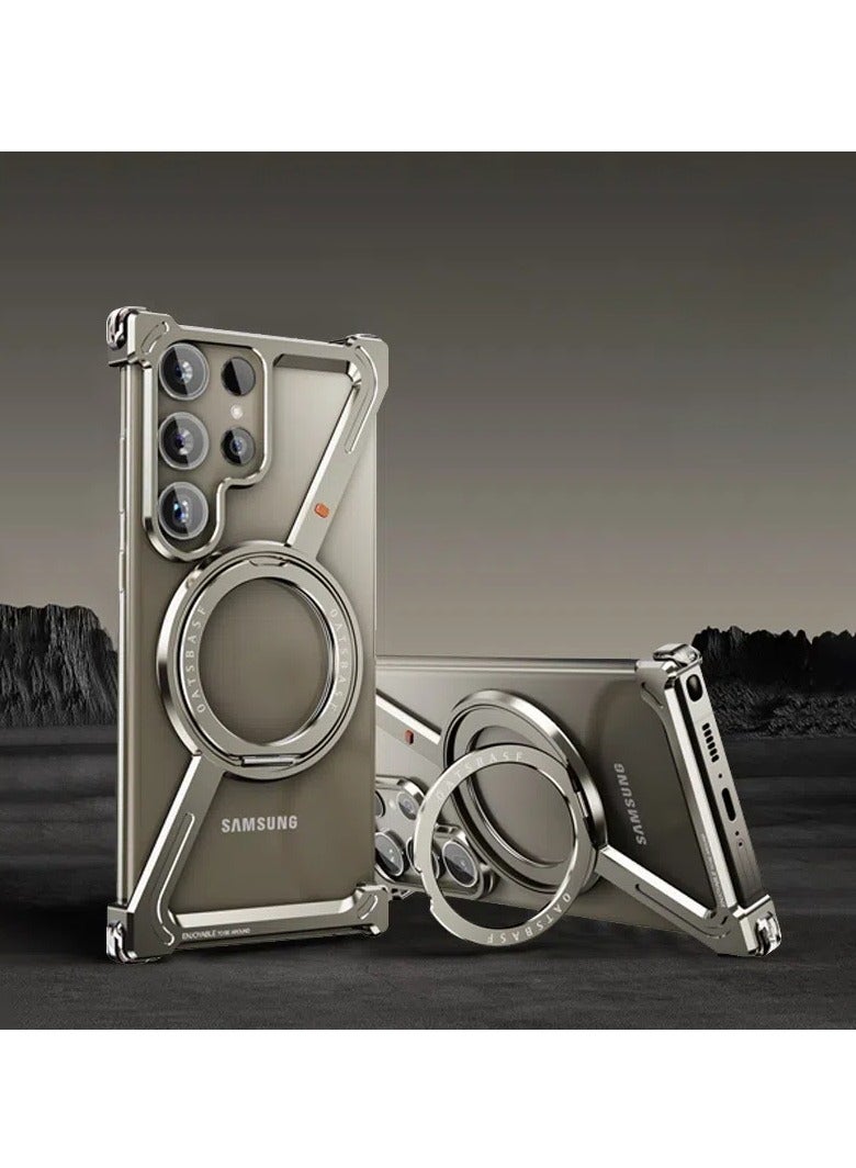 Suitable for Samsung S24Ultra S24Plus S24 phone case, metal borderless hollow half-pack rotating bracket magnetic phone case