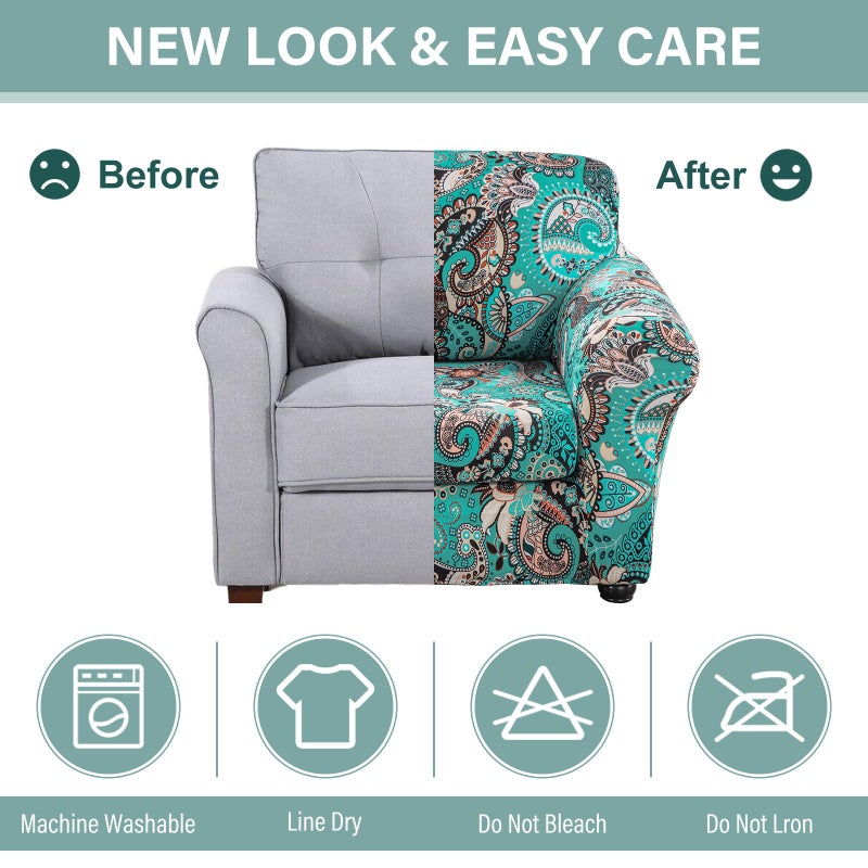 Lamberia Printed Sofa Cover High Stretch Sofa Slipcovers 2 Piece Armchair Slipcover with One Separate Cushion Cover Elastic Bottom Floral Pattern (Green, Armchair) - Image 5