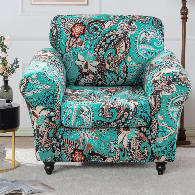 Lamberia Printed Sofa Cover High Stretch Sofa Slipcovers 2 Piece Armchair Slipcover with One Separate Cushion Cover Elastic Bottom Floral Pattern (Green, Armchair) - Image 2