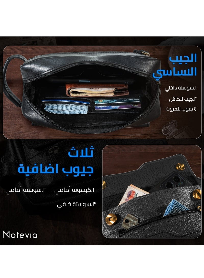 شنطة رجالي يد حقيبة للرجال من الجلد الطبيعي 100% بمقبض معصم مقاس كبير مع ثلاث جيوب وتقسيمة داخلية مميزة شنط رجال هاند باج Motevia - Image 5