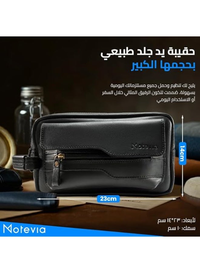 شنطة رجالي يد حقيبة للرجال من الجلد الطبيعي 100% بمقبض معصم مقاس كبير مع ثلاث جيوب وتقسيمة داخلية مميزة شنط رجال هاند باج Motevia - Image 4
