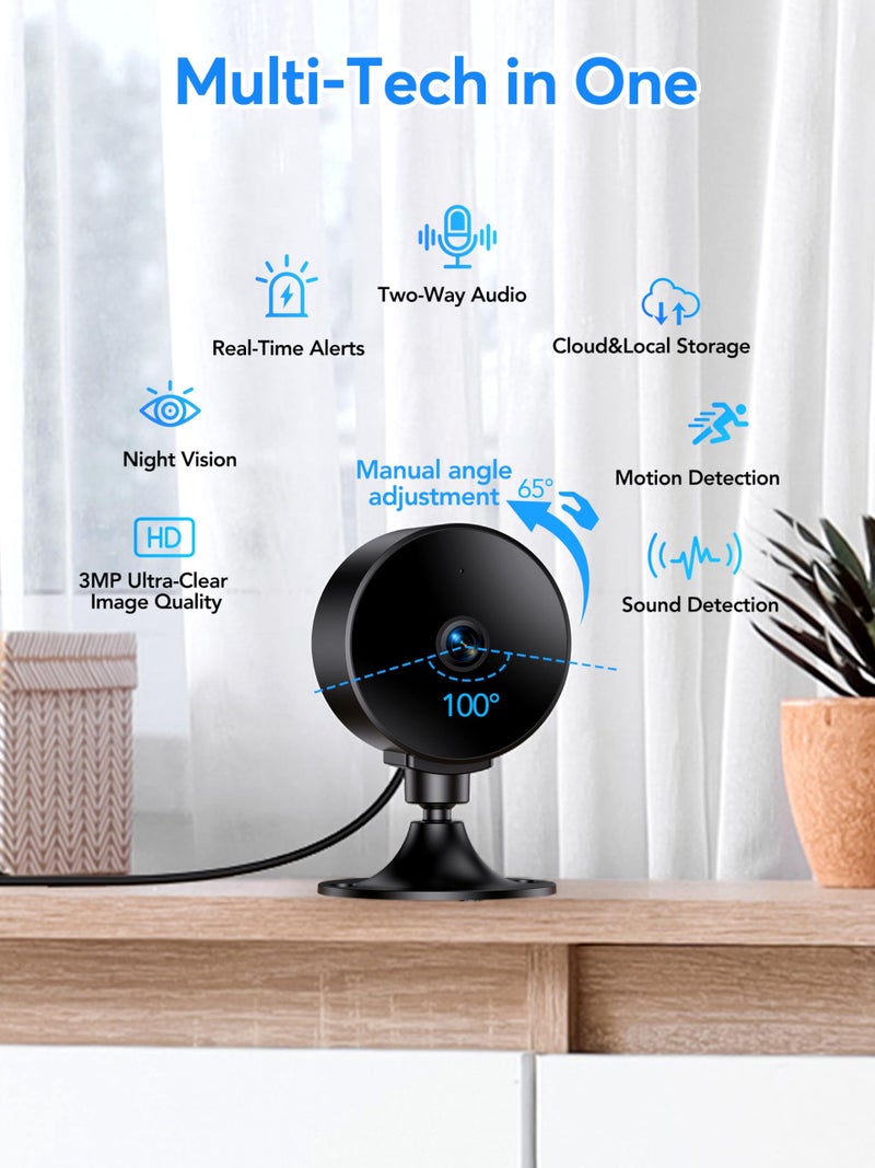 Elelink Indoor Security Camera 2K 3MP, Motion & Sound Detection, Real-Time Alerts, Two-Way Audio, Works with Alexa & Google Assistant, Home Security Camera with 256GB SD & Cloud Storage, Black, 2.4GHz - Image 2
