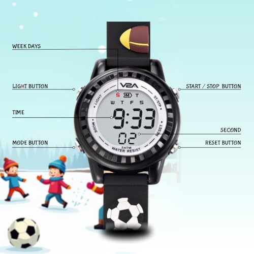 V2A Kids 3D Football Print Digital Watch for Boys Aged 3 to 10 – Soft Silicone Strap |Multi-Function | Multicolour LED Luminous | Alarm Stopwatch Wristwatch| Gift for Kids Aged 3-10 Years! - Image 3
