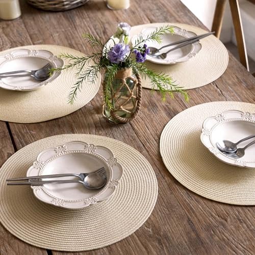 FunWheat Round Braided Placemats Set of 6 Table Mats for Dining Tables Woven Washable Non-Slip Place mats 15 inch(Beige, 6pcs) - Image 4