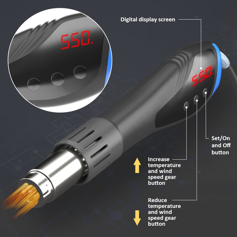 Handheld Hot Air Machine 600W High Power Hot Air Machine Portable Welding Tool Set LCD Digital Display With 7 Nozzles For Soldering SMD SMT Welding Repair Tool - Image 4