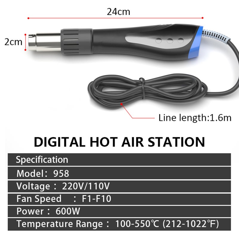 Handheld Hot Air Machine 600W High Power Hot Air Machine Portable Welding Tool Set LCD Digital Display With 7 Nozzles For Soldering SMD SMT Welding Repair Tool - Image 5