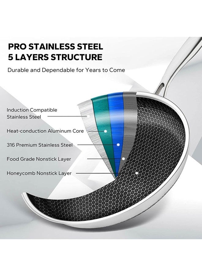 عربست مجموعة مقالي من الفولاذ المقاوم للصدأ، مقلاة غير لاصقة مقاس 30 سم مع نقش على شكل قرص العسل، مقلاة ووك من الفولاذ المقاوم للصدأ مع غطاء زجاجي ومقبض وملعقة سيليكون، متوافقة مع الحث الحراري وآمنة للاستخدام في غسالة الأطباق - Image 4