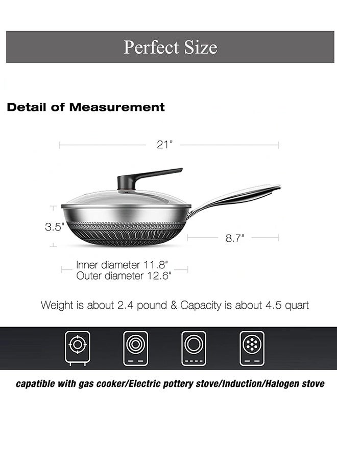Arabest Stainless Steel Frying Pan Set, 30cm Nonstick Fry Pan with Honeycomb Carving, Stainless Steel Wok Pan with Glass Lid, Handle and Silicone Spatula, Induction Compatible and Dish Washer Safe - Image 2