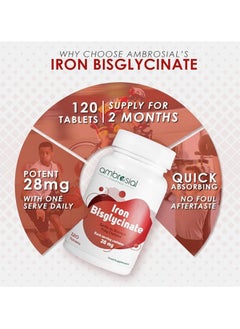 ambrosial Iron Bisglycinate 28mg Iron Supplement for Women and Men | Pack of 1- 120 Veg Tablets  - Image 3