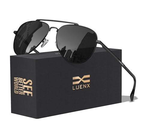 LUENX Men Aviator Sunglasses Polarized Womens Driving Shades Mirror Blue Lens Metal Black Frame Classic - Image 1