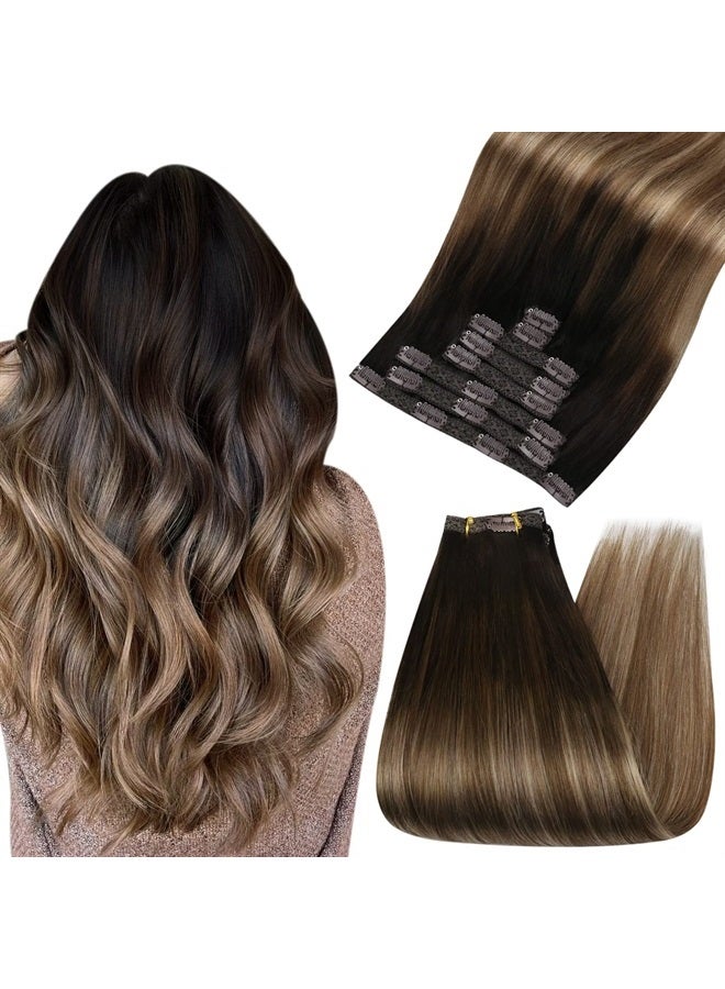 Ugeat Clip in Hair Extensions 16 Inch Brown Balayage Hair Extensions Clip in Real Human Hair 120 Grams Double Weft Clip in Extensions #2/6/12 - Image 1