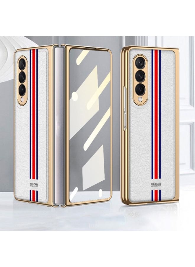 Generic Case Cover For Samsung Galaxy Z Fold 3 5G Foldable Plating Leather + Glass Full Coverage Case Exclusive White 