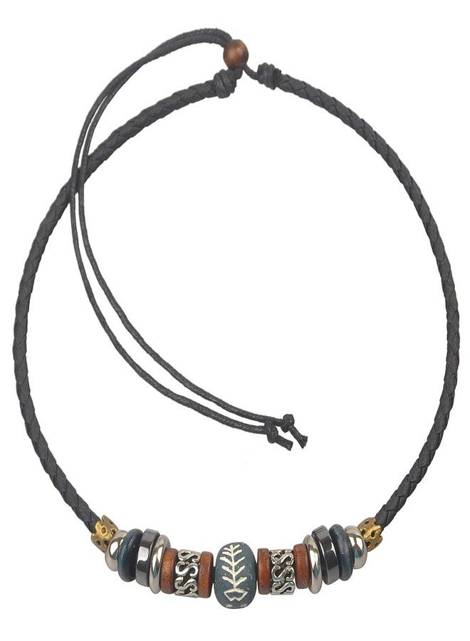 Ancient Tribe Boho Leather Cord Choker Necklace with Fishbone Bead & Mixed Wood/Metal Accents, Adjustable 15 Inches
