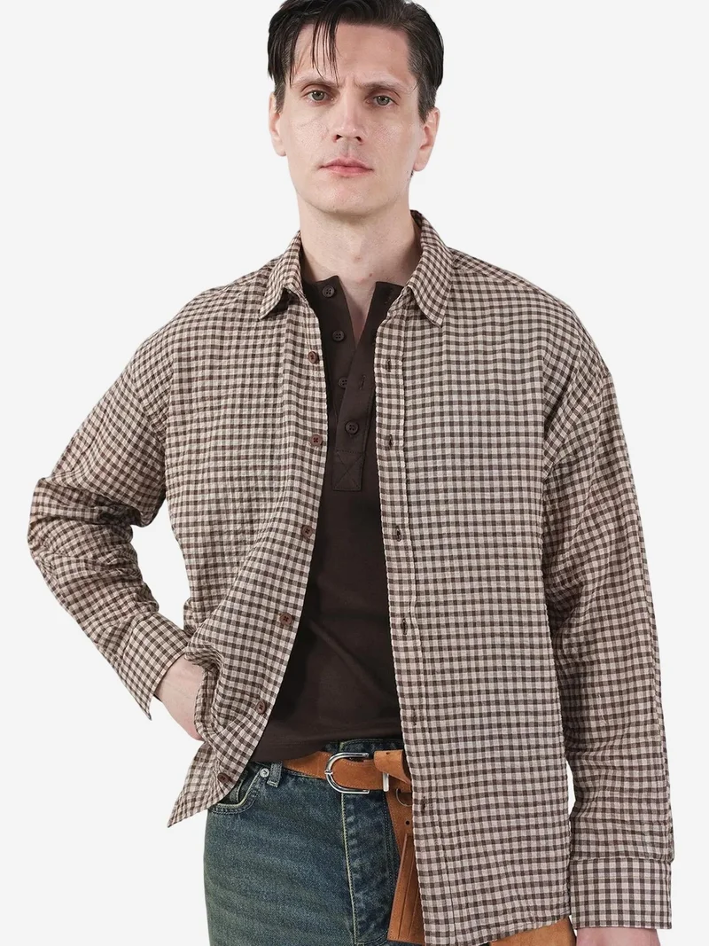 Giesto Coffee Brown GIESTO Oversized Gingham Button-Up Shirt for Men | Best Price UAE