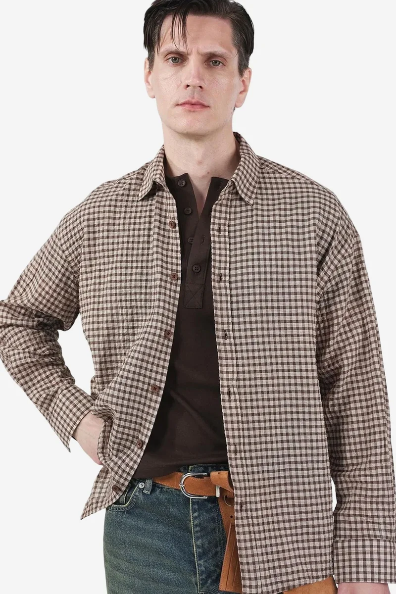 Giesto Coffee Brown GIESTO Oversized Gingham Button-Up Shirt for Men | Best Price UAE