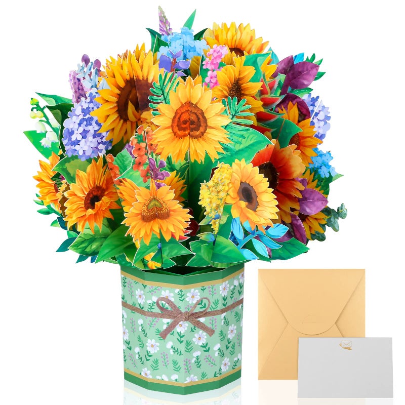 Caffox Get Well Soon Pop Up Card, 3D Paper Flowers Bouquet Greeting Card Sunflower Birthday Popup Cards Congratulations Gifts for Women Boss Best Friends Mother Parents Birthday Anniversary - Image 1