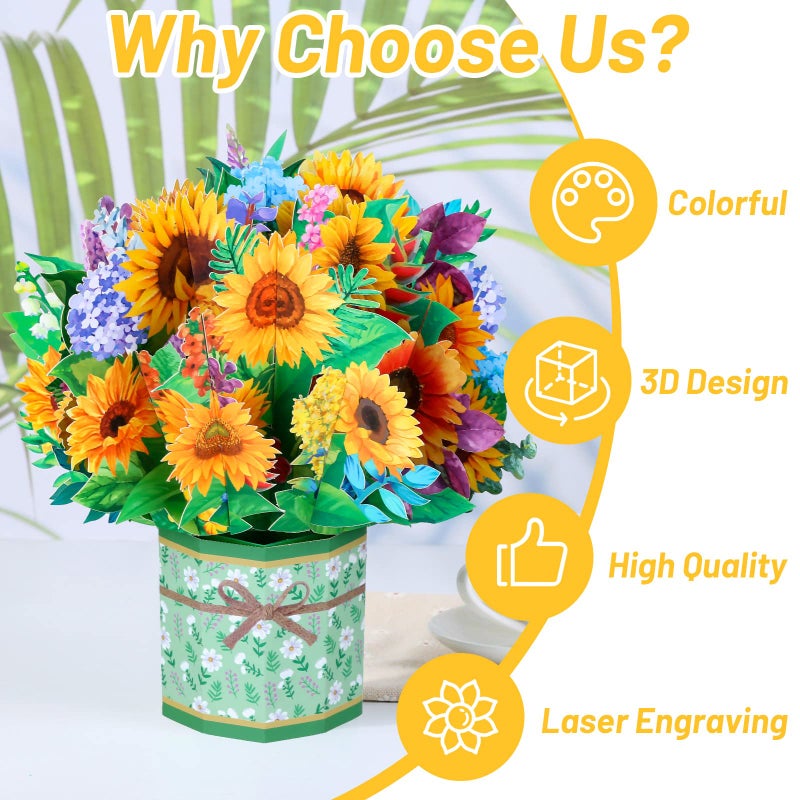 Caffox Get Well Soon Pop Up Card, 3D Paper Flowers Bouquet Greeting Card Sunflower Birthday Popup Cards Congratulations Gifts for Women Boss Best Friends Mother Parents Birthday Anniversary - Image 5