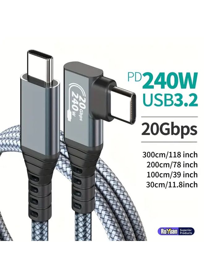 كابل شحن سريع USB-C بقوة 240 واط، كابل بيانات بسرعة 20 جيجابت في الثانية، بزاوية 90 درجة، بطول 10 أقدام - Image 1
