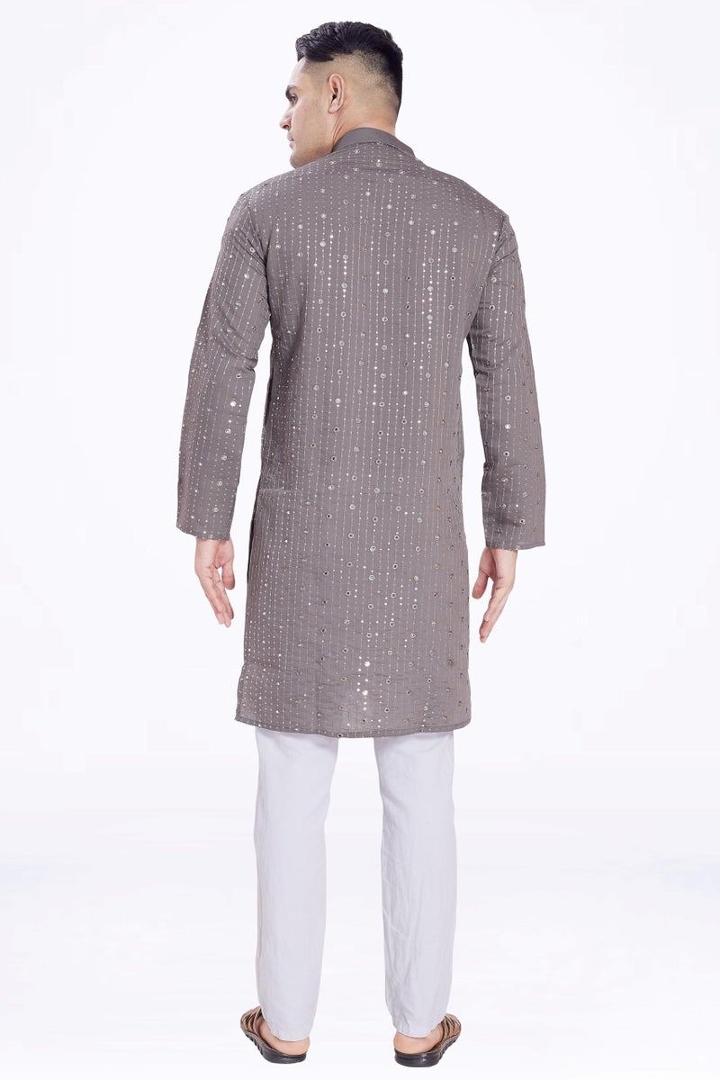 DIVISIVE Men's Sequince Mirror Embroidered Cotton Silk Blend Only Slim Fit Kurta (DKRT178_S_Grey) - Image 4