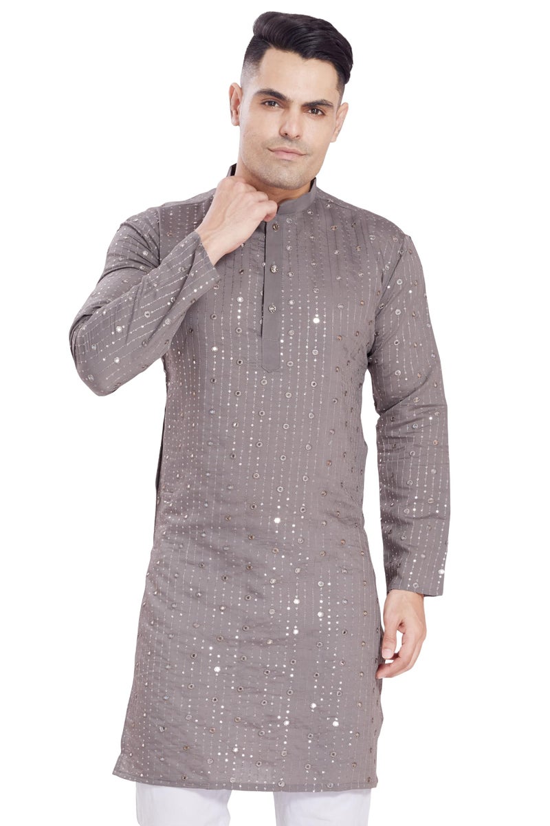 DIVISIVE Men's Sequince Mirror Embroidered Cotton Silk Blend Only Slim Fit Kurta (DKRT178_S_Grey) - Image 1