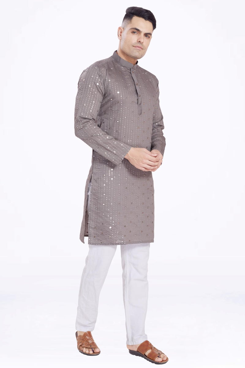 DIVISIVE Men's Sequince Mirror Embroidered Cotton Silk Blend Only Slim Fit Kurta (DKRT178_S_Grey) - Image 3
