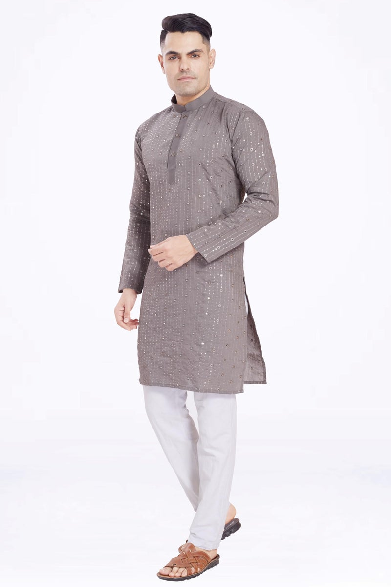 DIVISIVE Men's Sequince Mirror Embroidered Cotton Silk Blend Only Slim Fit Kurta (DKRT178_S_Grey) - Image 2