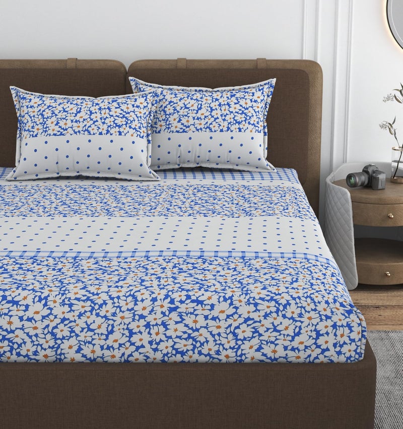 VOMZER 300 TC Elastic Fitted Bedsheets Queen Size with 2 Pillow Covers | Double Bed with All Around Elastic, Size 60 x 78 x 10 Inches (White Lily) - Image 1