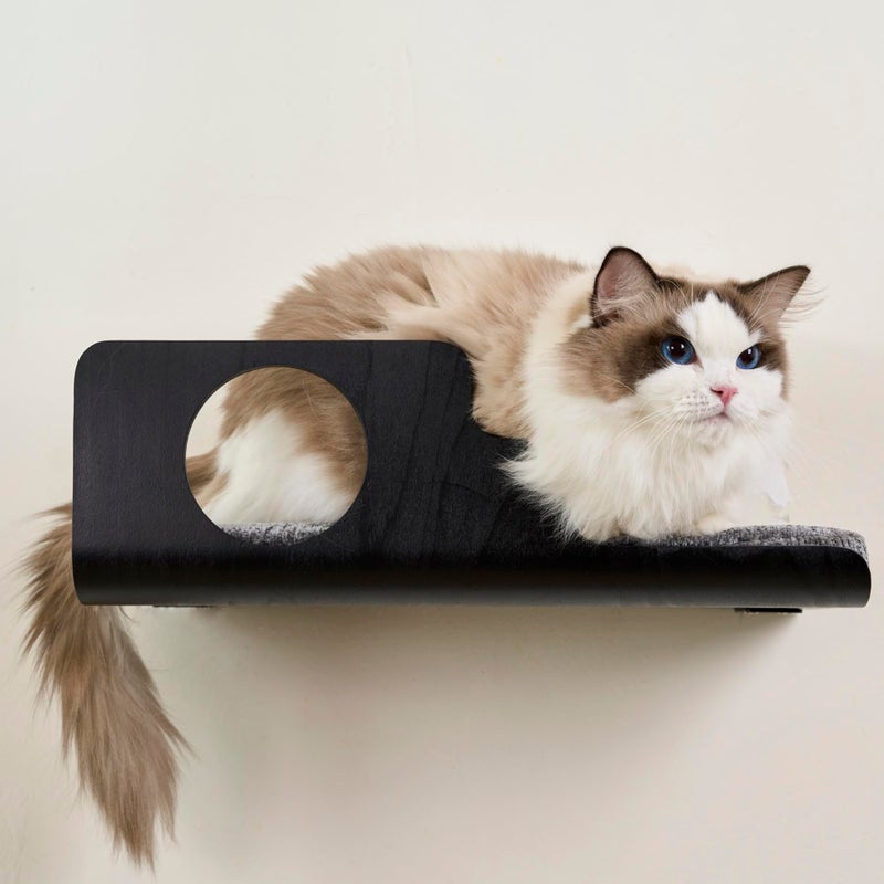 LIORCE Cat Wall Shelves, Creative Design Cat Shelf with Peephole, 19 x 10 inch Cats Wall Furniture with Comfortable Pad, Cats Perch for Sleeping, Playing, and Scratching, Walnut - Image 1