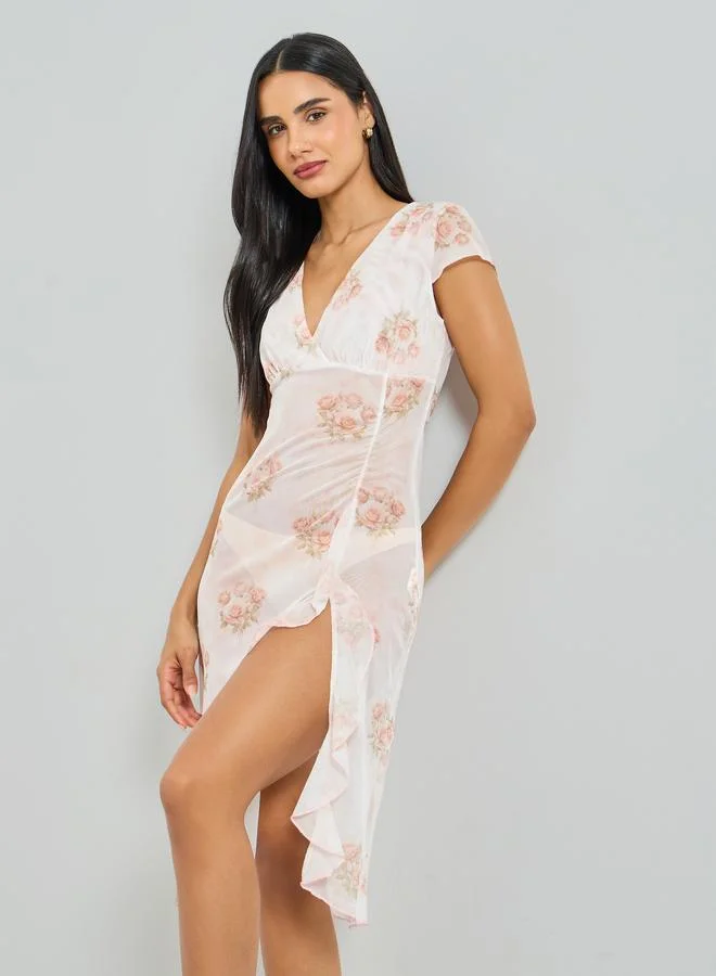 تايك تو White Floral Print Sheer Slip Dress