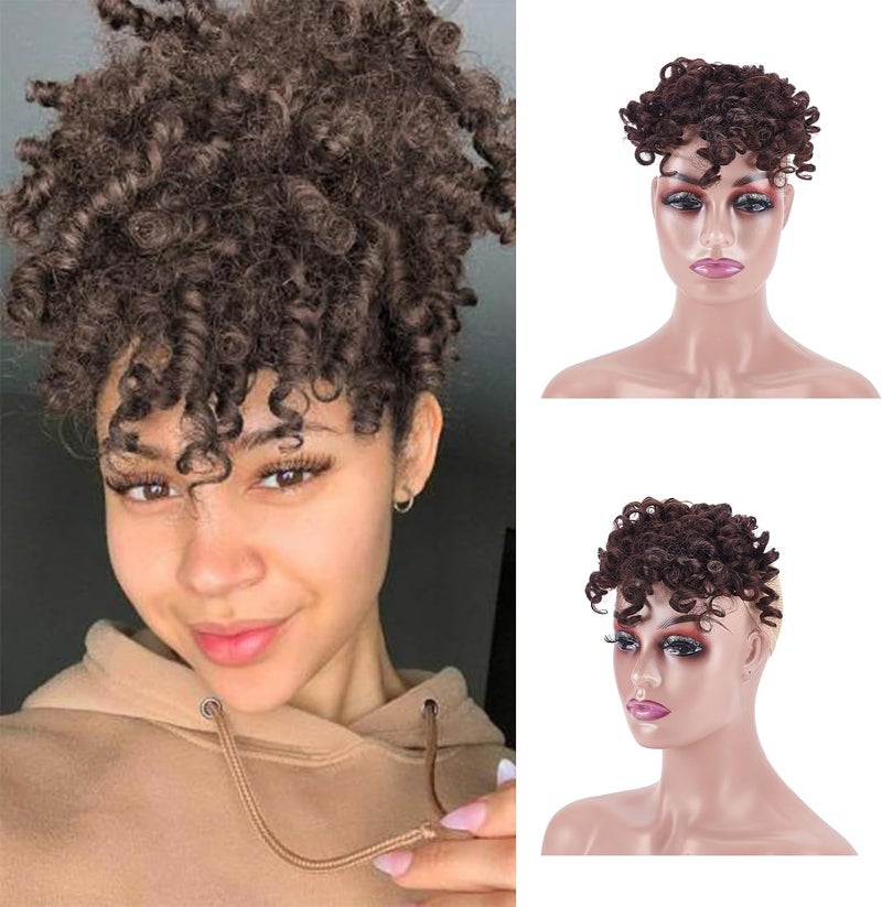 NICENEEDED Brown Short Afro Kinky Curly Bangs Clip Kinky Curly Clip In Bangs Wig Piece Front Fringe Hair Pieces Bangs for Women Clip in On Hair Extensions